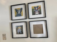 four framed pictures of dogs hanging on a wall